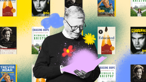 Bill Gates holds a book open and smiles in front of images of book covers on an illustrated background.