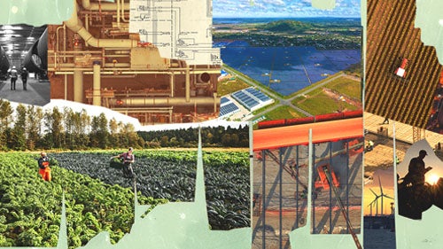 A composite of climate-related imagery including industrial pipes, solar panels, a tractor in a field, steam from manufacturing, farmers harvesting crops, a crane on a construction site, windmills, a man holding a tablet in a field, and construction workers preparing rebar for concrete.